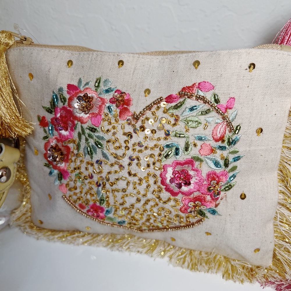 Linen & Cotton Pouch w/Embroidery Beads and Sequin Floral Heart